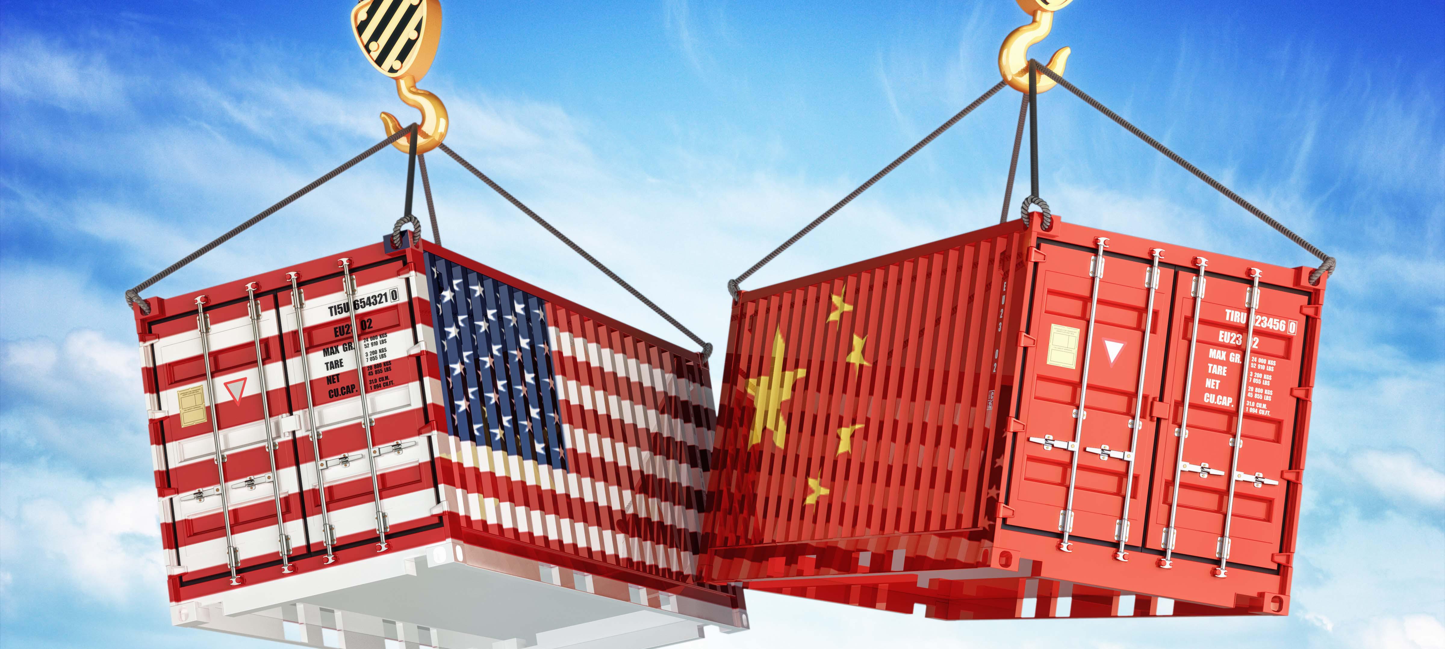 Shipping containers painted like the U.S. and China flags